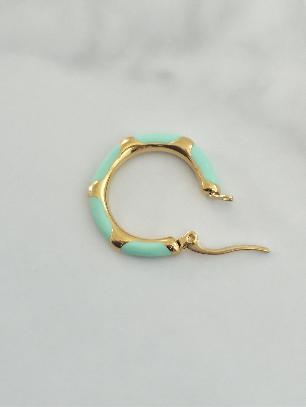 Gold & Vibrant Mint Green Enamel Bamboo Style Hoop Earrings Women Jewelry - Picture 6 of 10